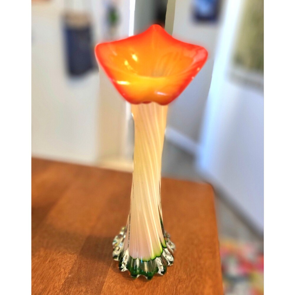 Mid Century Murano Style Blown Glass Art Vase Orange Yellow Jack In The Pulpit